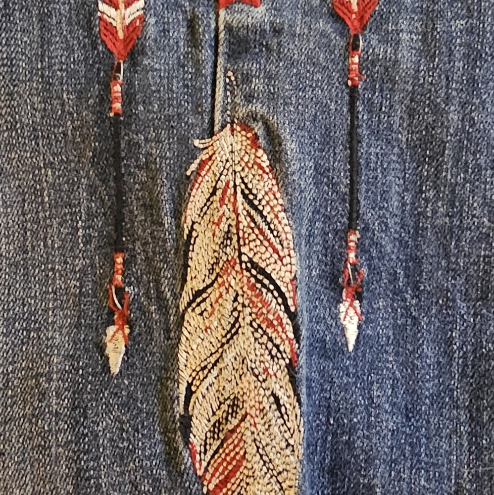 Cowgirl Tuff Denim with Red and White Feather Design